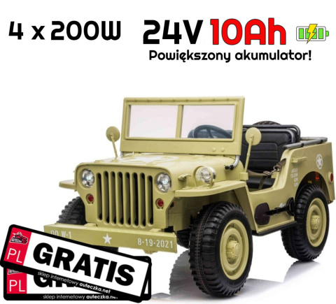 Pojazd Retro Wojskowy 4x4 Piaskowy JH-101 WILLYS 24 10Ah - POWIĘKSZONY AKUMULATOR