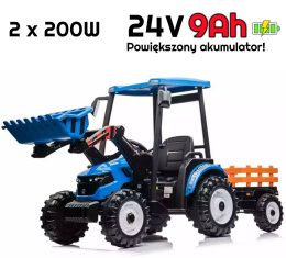 Wielki traktor na akumulator TITAN 24V 2x200W z przyczepką łyżką + kabina niebieski