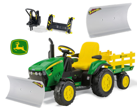 ZESTAW Traktor na akumulator JOHN DEERE z przyczepką + pług na zimę Peg Perego